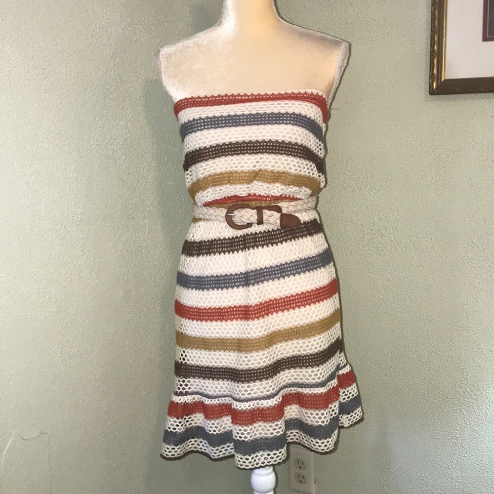 Jodi Kristopher Striped Strapless Belted Dress Sm